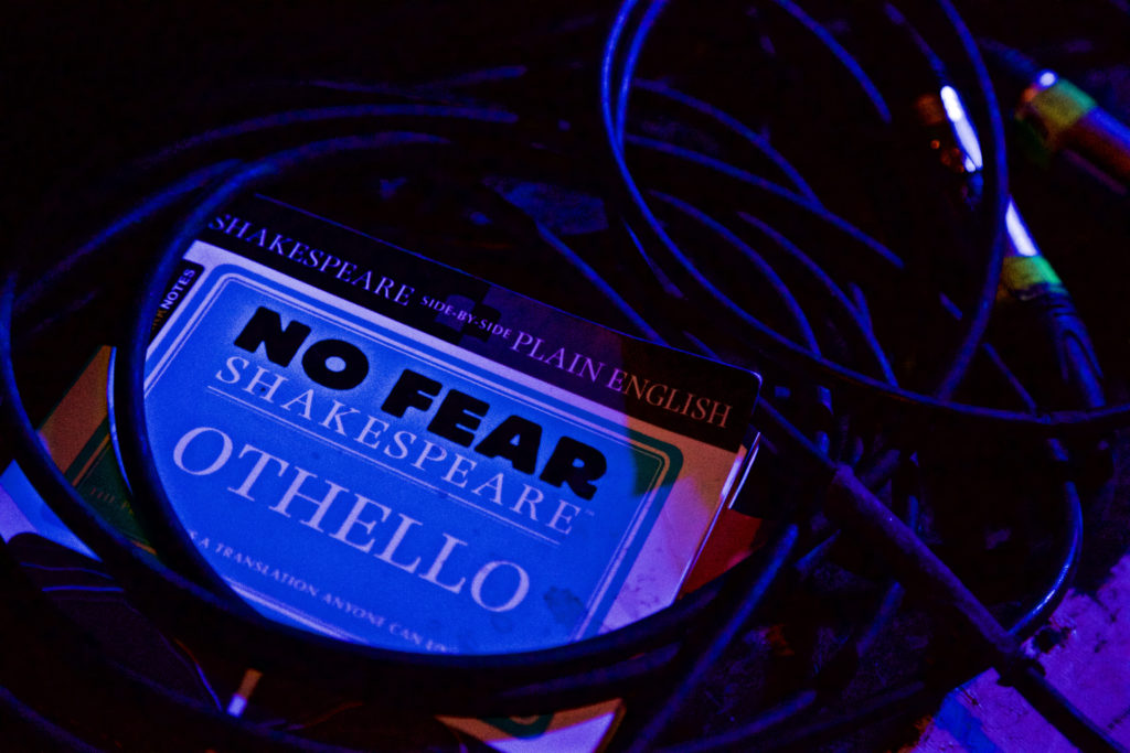 Photo of a copy of No Fear Shakespeare's Othello surrounded by XLR cables