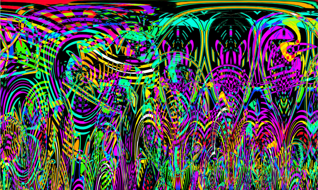 digital art piece with jagged swirls and lines of neon colors on a black background