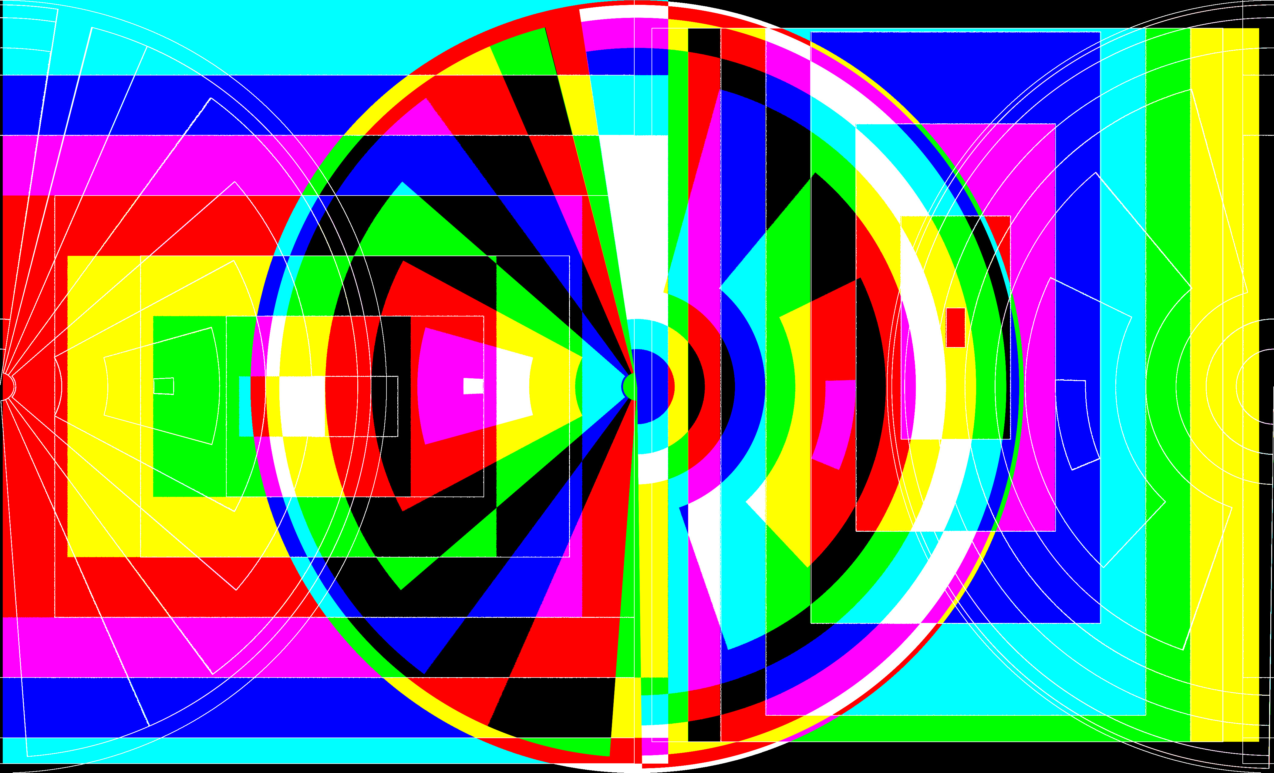 Digital art piece with squares of neon colors in the background. In the foreground on either side of the piece are thin, white semicircles with structured diagonal lines inside. In the center is a circle with jagged pieces of neon color and black.