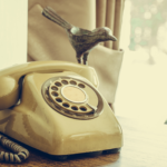 Photo of old rotary phone on a table in front of a window. A small metal bird figurine sits just behind the phone