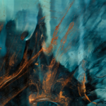 Abstract painting/photo with amorphic swirls of blue, black, and gold