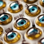 Photo of dozens of blue doll eyes with eyelashes. They each lie in a tiny plastic cup.