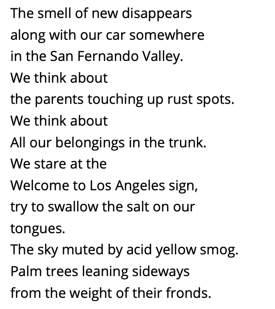 The smell of new disappears
along with our car somewhere
in the San Fernando Valley.
We think about
the parents touching up rust spots.
We think about
All our belongings in the trunk.
We stare at the
Welcome to Los Angeles sign,
try to swallow the salt on our tongues.
The sky muted by acid yellow smog.
Palm trees leaning sideways
from the weight of their fronds.