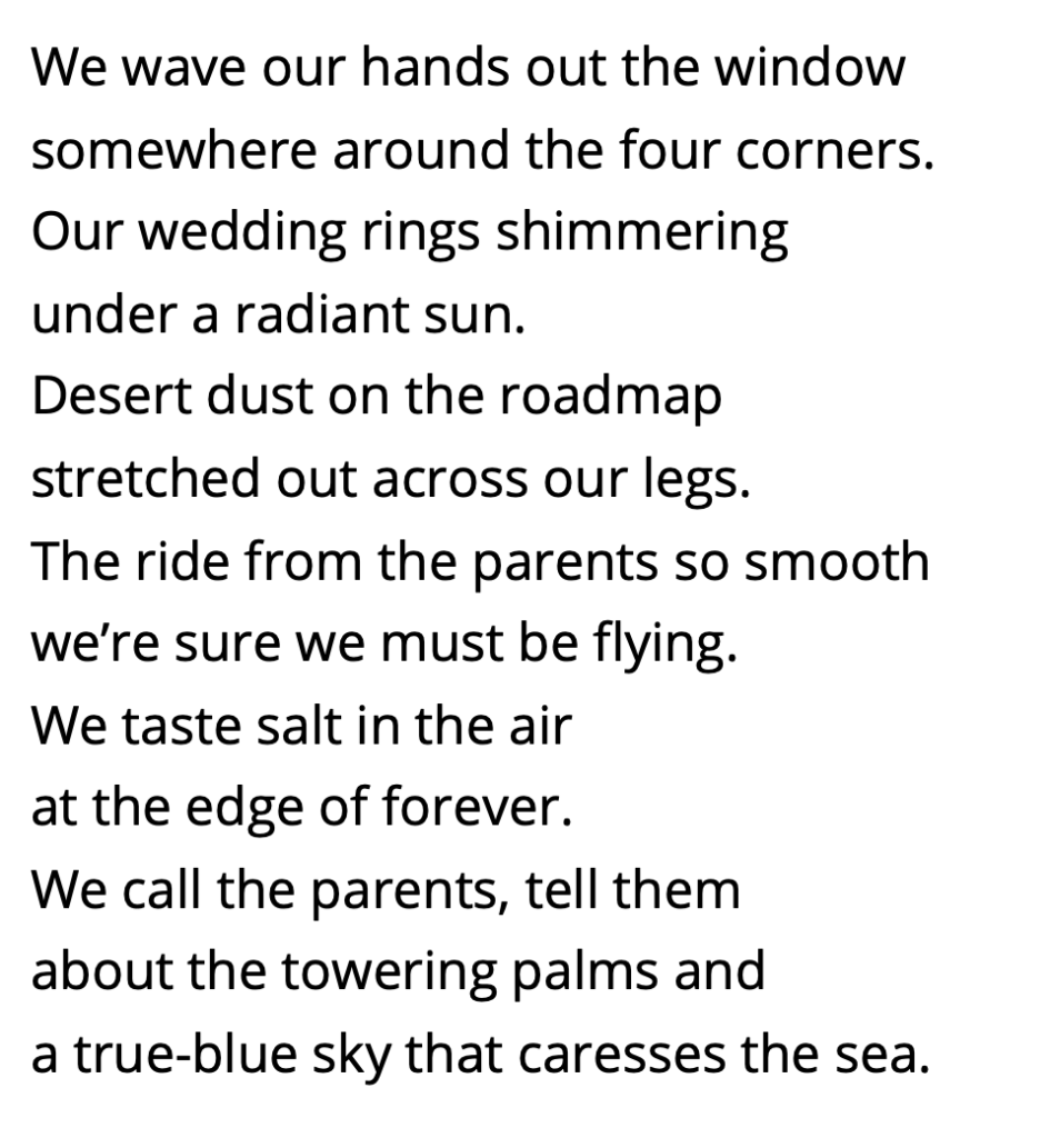 We wave our hands out the window
somewhere around the four corners.
Our wedding rings shimmering
under a radiant sun.
Desert dust on the roadmap
stretched out across our legs.
The ride from the parents so smooth
we’re sure we must be flying.
We taste salt in the air
at the edge of forever.
We call the parents, tell them
about the towering palms and
a true-blue sky that caresses the sea.