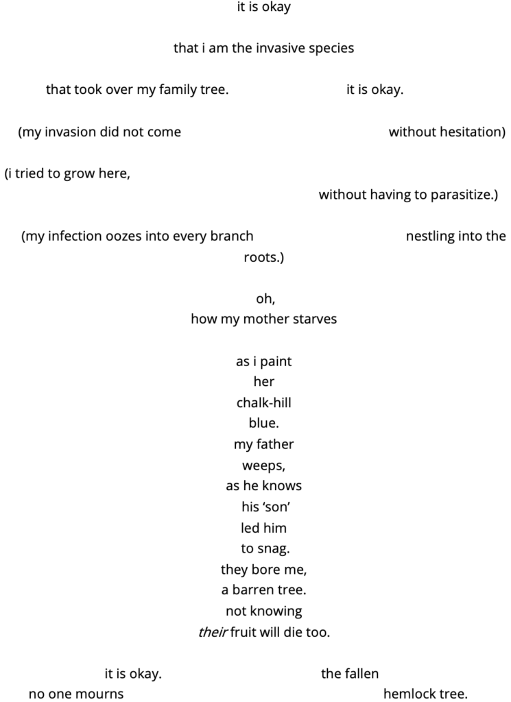 it is okay
that i am the invasive species
that took over my family tree.                                  it is okay.
(my invasion did not come                                                            without hesitation)
(i tried to grow here,                                                                                        without having to parasitize.) 
(my infection oozes into every branch                                            nestling into the roots.)
oh, 
how my mother starves
as i paint 
her 
chalk-hill 
blue.
my father 
weeps,
as he knows
his ‘son’
led him
to snag.
they bore me,
a barren tree.
not knowing
their fruit will die too.
it is okay.                                              the fallen
no one mourns                                                                           hemlock tree.