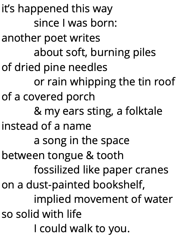 it’s happened this way
	since I was born:
another poet writes
	about soft, burning piles
of dried pine needles
	or rain whipping the tin roof
of a covered porch
	& my ears sting, a folktale
instead of a name
	a song in the space
between tongue & tooth
	fossilized like paper cranes
on a dust-painted bookshelf,
	implied movement of water
so solid with life
	I could walk to you.